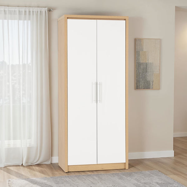 Seville 2 Door Wardrobe - White Gloss/Light Oak Effect Veneer image 1