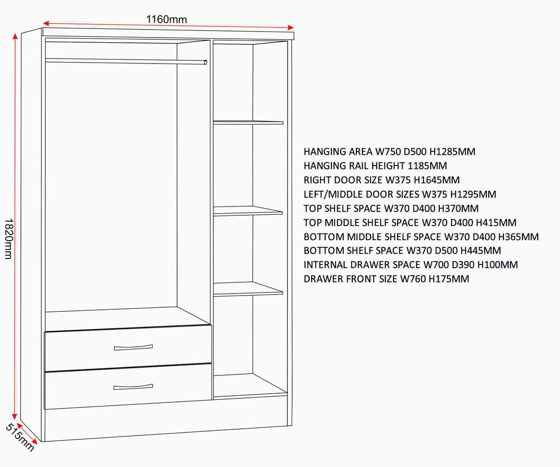 Nevada 3 Door 2 Drawer Wardrobe - Grey Gloss/Light Oak Effect Veneer image 2
