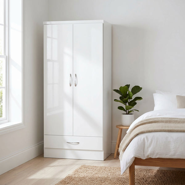 Nevada 2 Door 1 Drawer Wardrobe - White Gloss image 1