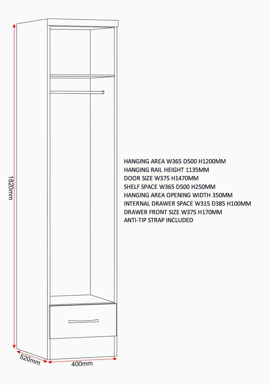 Nevada 1 Door 1 Drawer Wardrobe - Grey Gloss/Light Oak Effect Veneer image 2