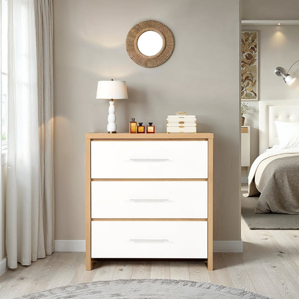 Seville 3 Drawer Chest - White Gloss/Light Oak Effect Veneer image 1