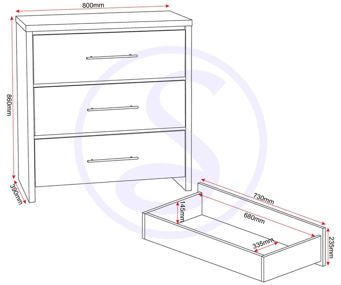 Seville 3 Drawer Chest - White Gloss/Light Oak Effect Veneer image 3