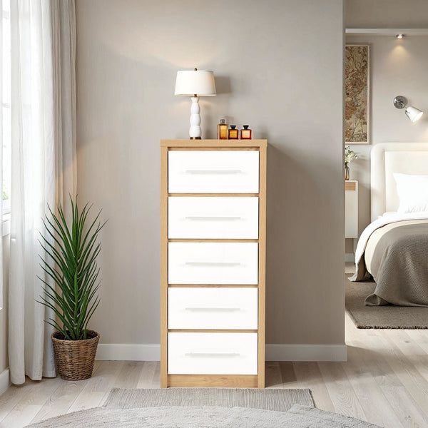Seville 5 Drawer Narrow Chest - White Gloss/Light Oak Effect Veneer image 1