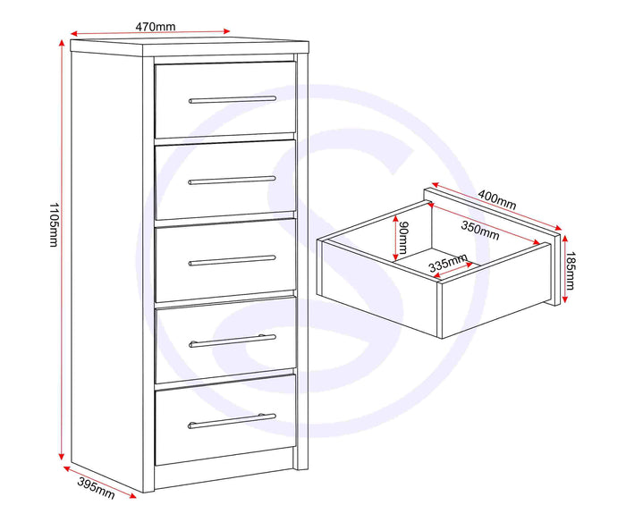 Seville 5 Drawer Narrow Chest - White Gloss/Light Oak Effect Veneer image 3