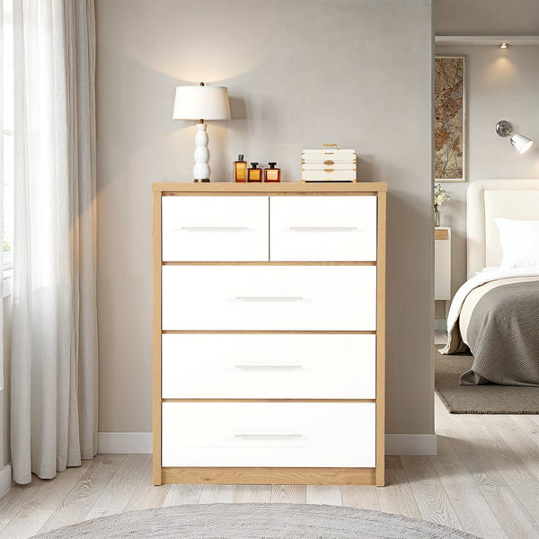 Seville 3+2 Drawer Chest - White Gloss/Light Oak Effect Veneer image 1