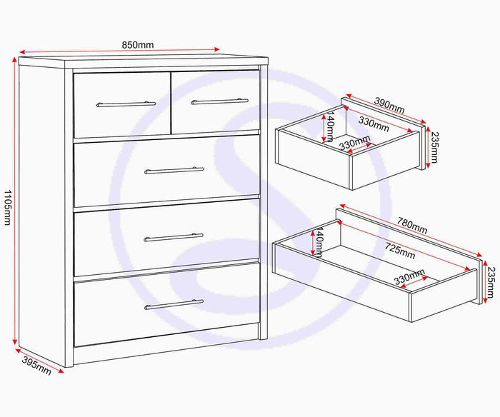 Seville 3+2 Drawer Chest - White Gloss/Light Oak Effect Veneer image 3