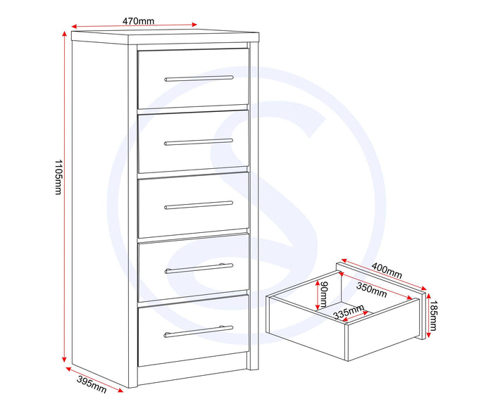 Seville 5 Drawer Narrow Chest - Grey Gloss/Light Oak Effect Veneer image 3