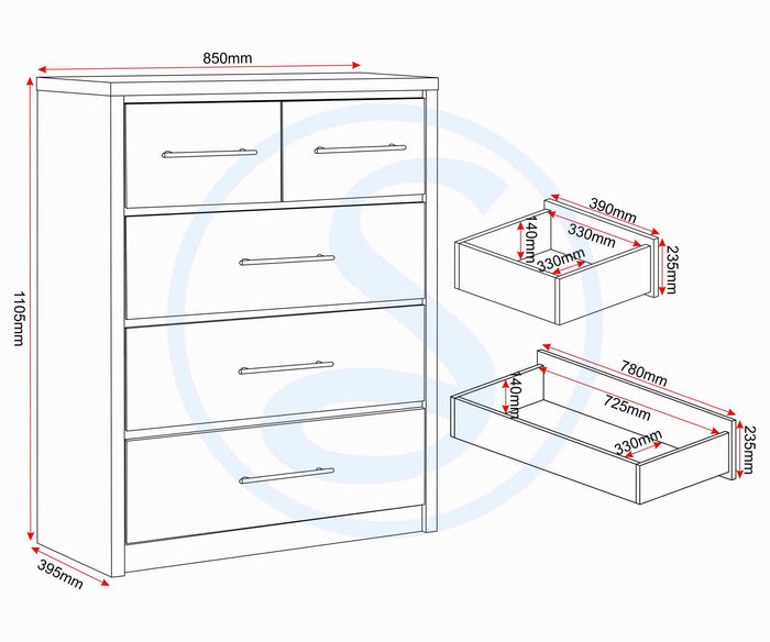 Seville 3+2 Drawer Chest - Grey Gloss/Light Oak Effect Veneer image 3