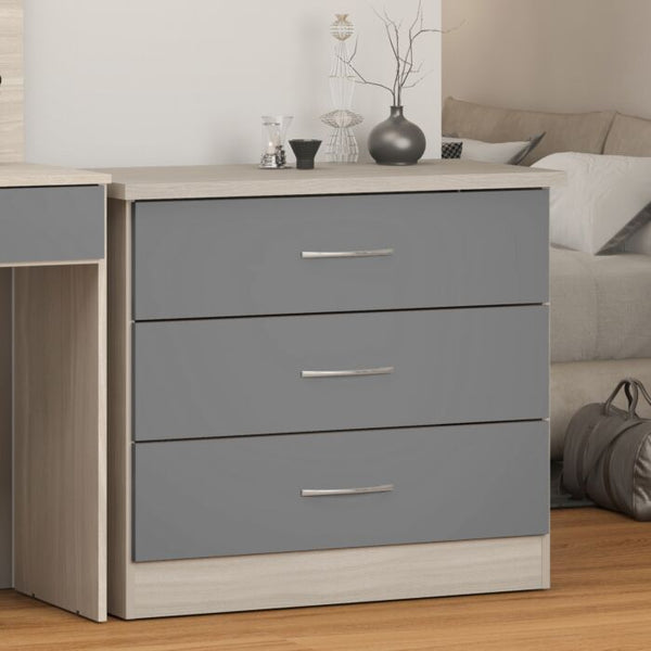 Nevada 3 Drawer Chest - Grey Gloss/Light Oak Effect Veneer image 1