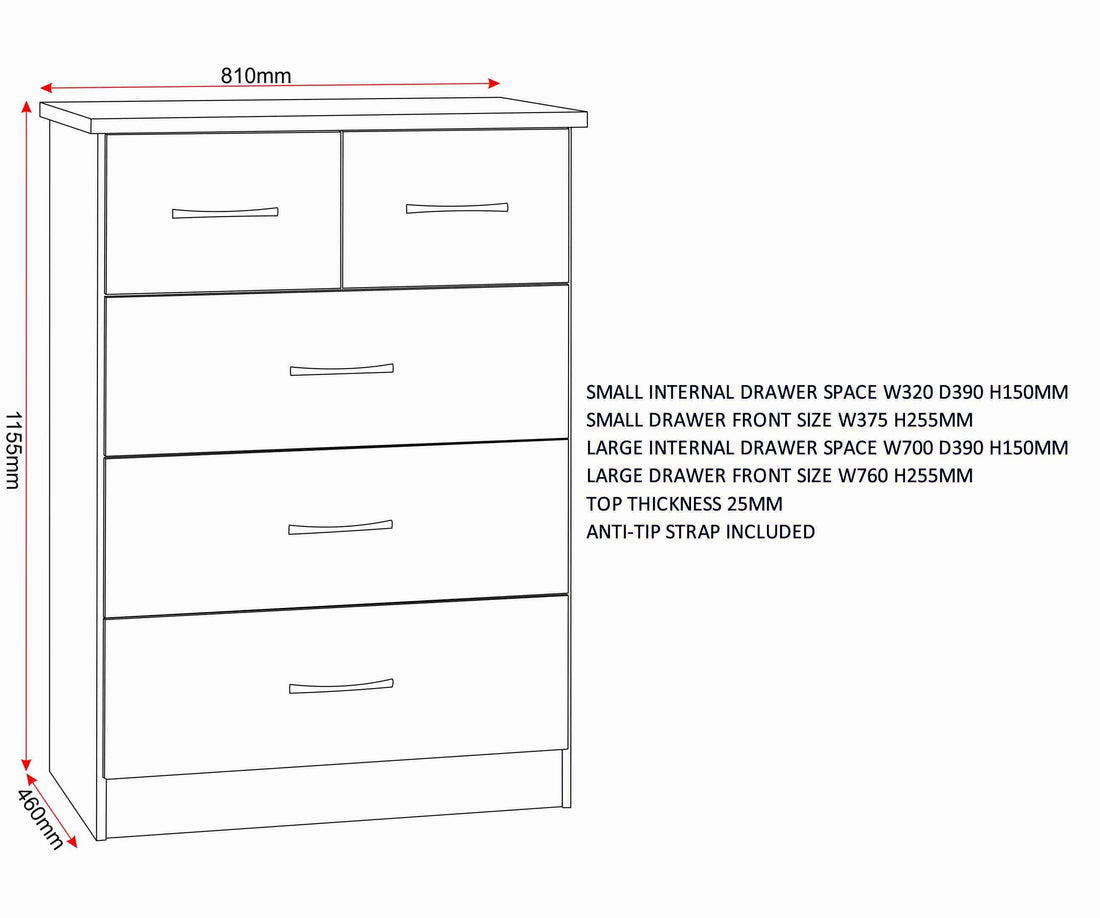 Nevada 3+2 Drawer Chest - White Gloss image 2