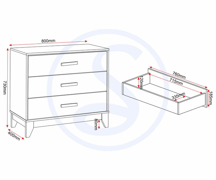 Cleveland 3 Drawer Chest - White/Grey Metal Effect image 3