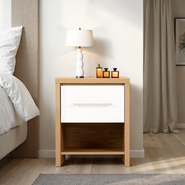 Seville 1 Drawer Bedside - White Gloss/Light Oak Effect Veneer image 1