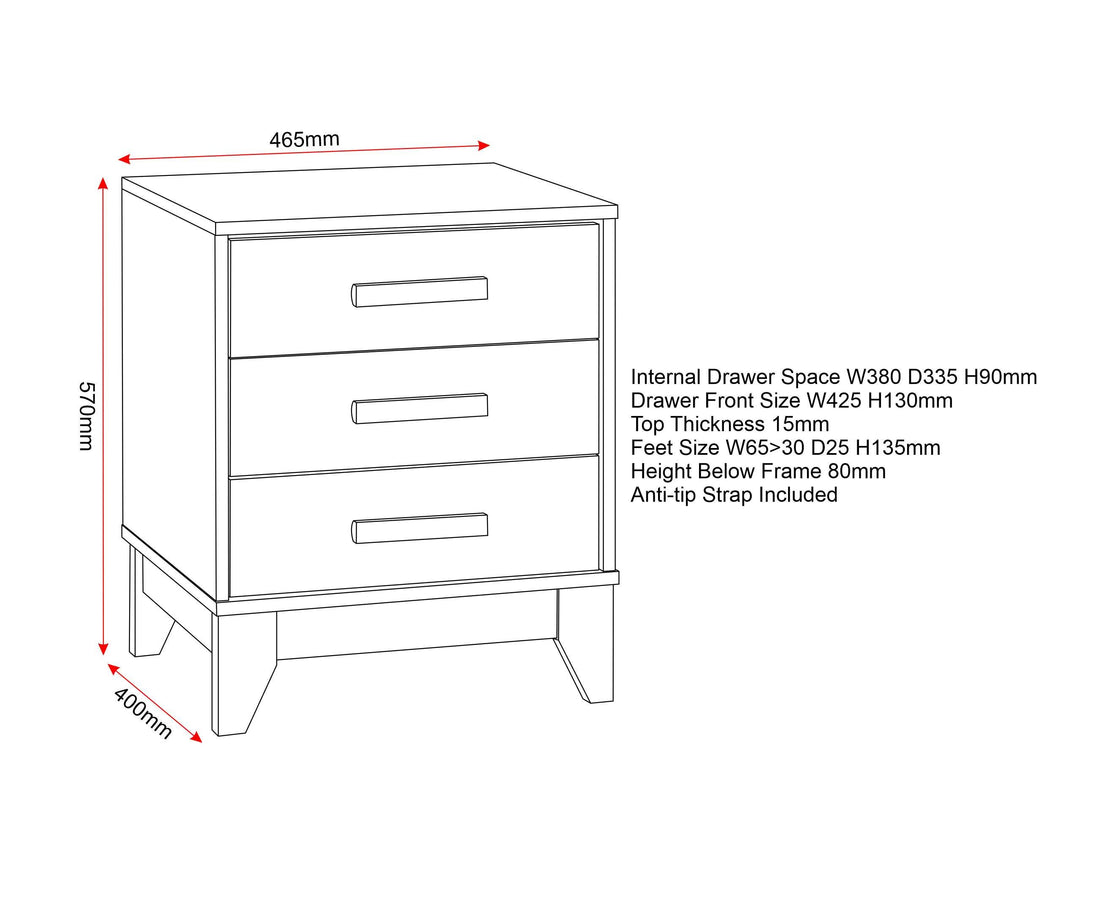 Cleveland 3 Drawer Bedside - White/Grey Metal Effect image 2