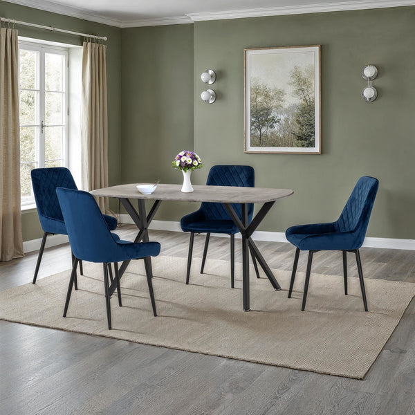 Athens Rect & Avery Dining Set (X4 Chairs) - Concrete/Sapphire Blue Velvet image 1