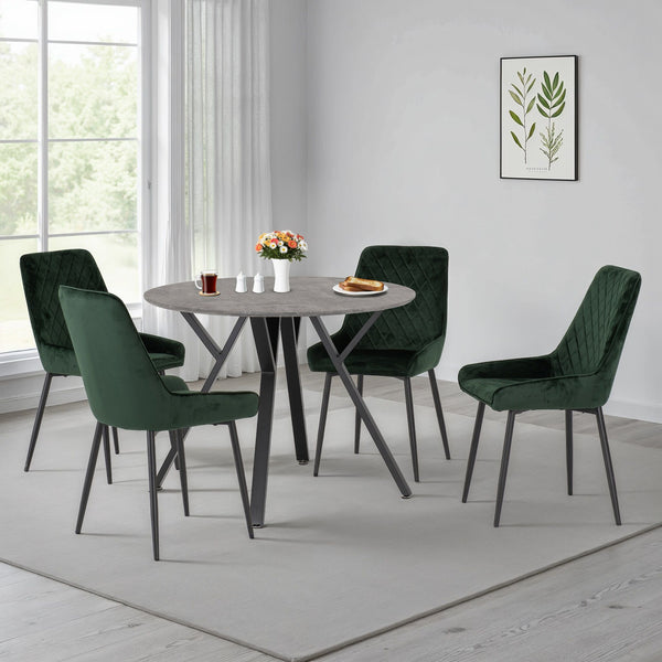 Athens Round & Avery Dining Set (X4 Chairs) - Concrete/Emerald Green Velvet image 1