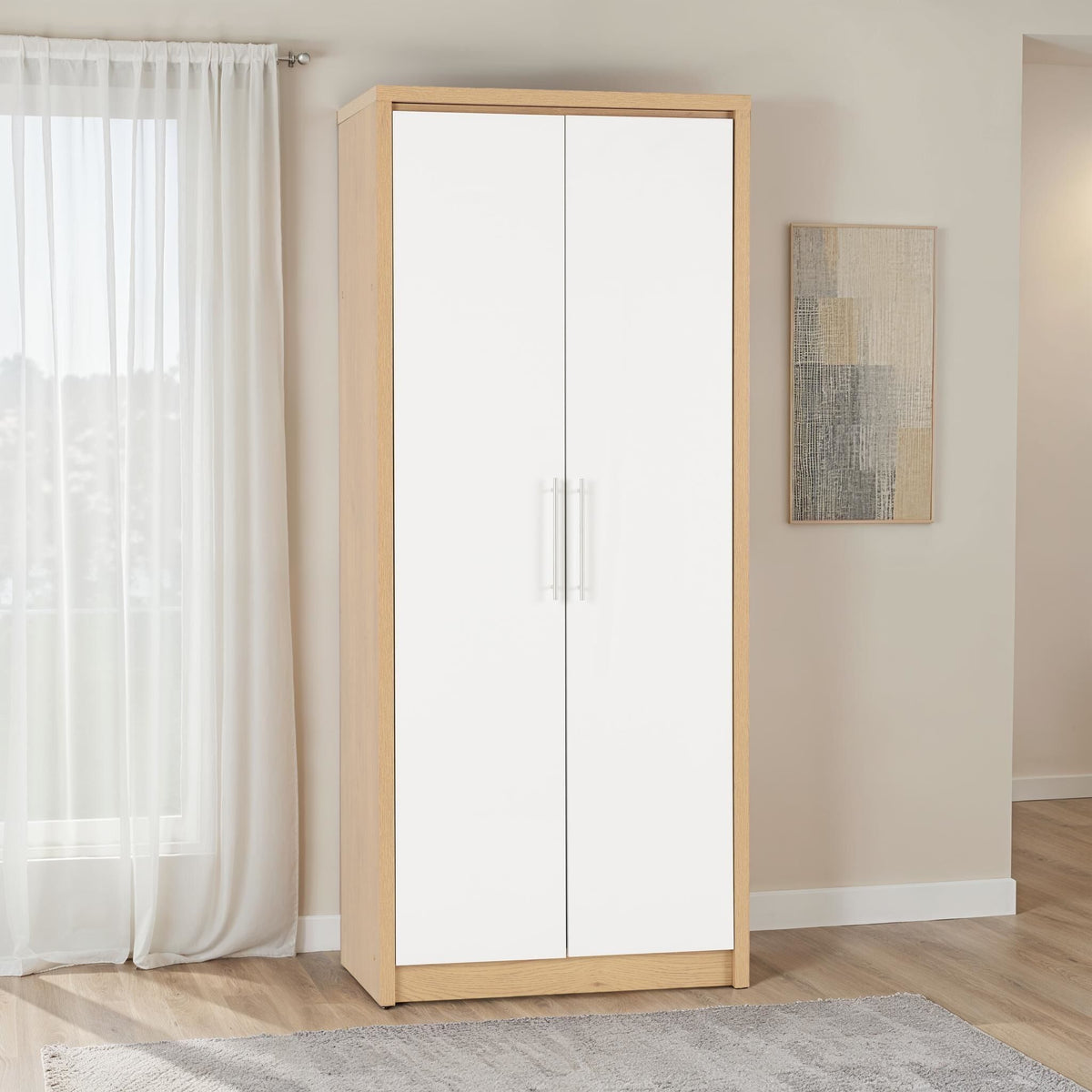 Seville 2 Door Wardrobe - White Gloss/Light Oak Effect Veneer image 1