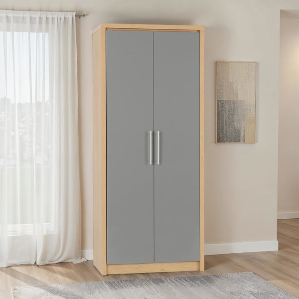 Seville 2 Door Wardrobe - Grey Gloss/Light Oak Effect Veneer image 1