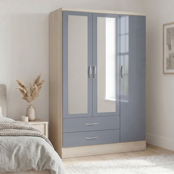 Nevada 3 Door 2 Drawer Wardrobe - Grey Gloss/Light Oak Effect Veneer image 1