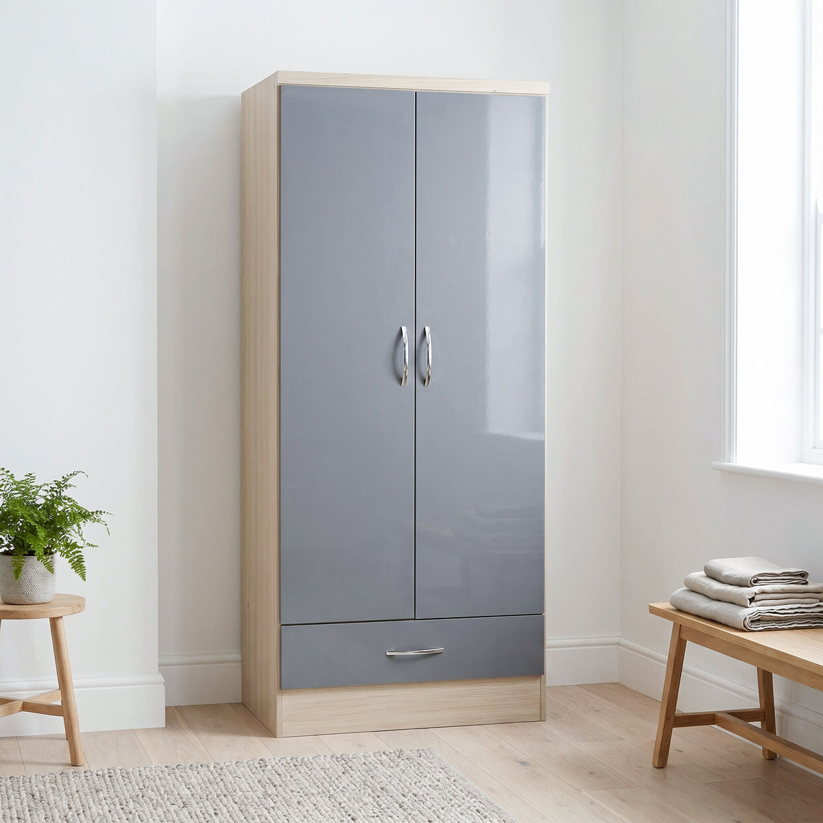 Nevada 2 Door 1 Drawer Wardrobe - Grey Gloss/Light Oak Effect Veneer image 1