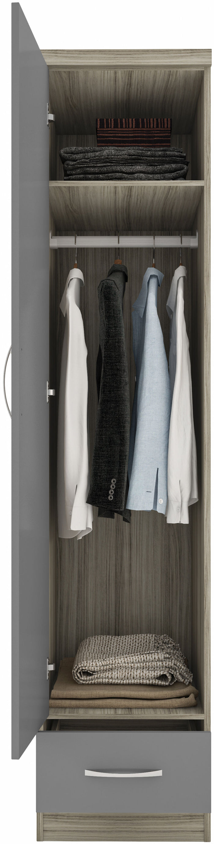 Nevada 1 Door 1 Drawer Wardrobe - Grey Gloss/Light Oak Effect Veneer image 5