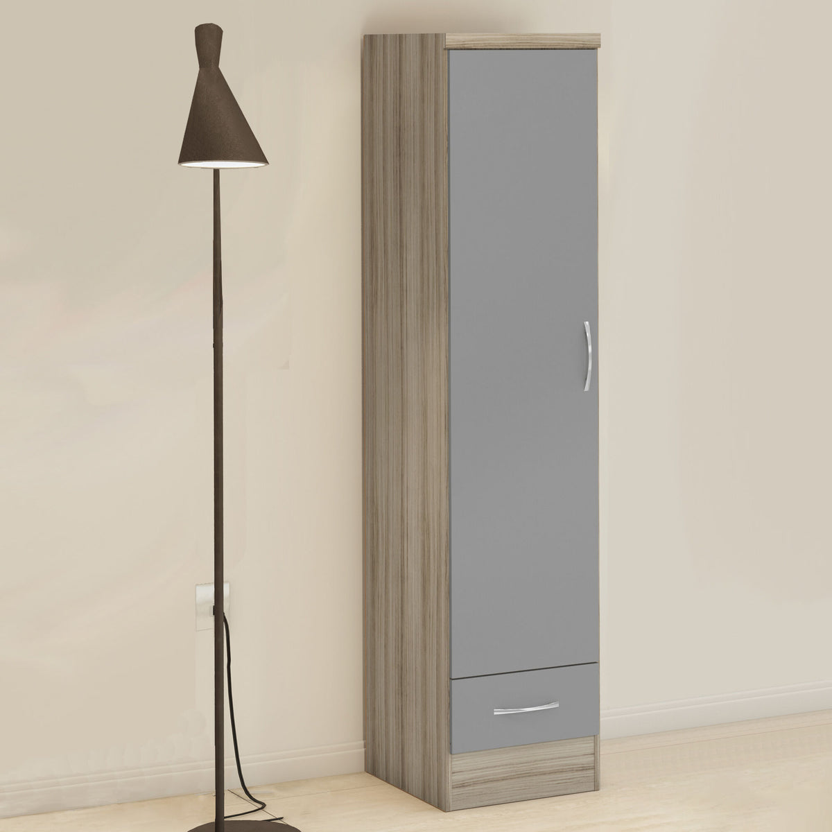Nevada 1 Door 1 Drawer Wardrobe - Grey Gloss/Light Oak Effect Veneer image 1