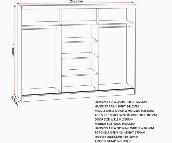 Nevada 3 Door Slider Wardrobe - White Gloss image 2