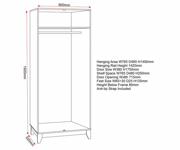 Cleveland 2 Door Wardrobe - White/Grey Metal Effect image 2