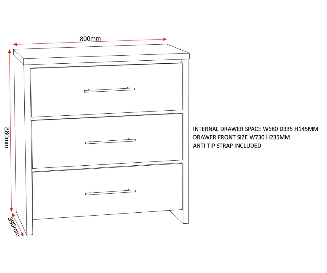Seville 3 Drawer Chest - White Gloss/Light Oak Effect Veneer image 2