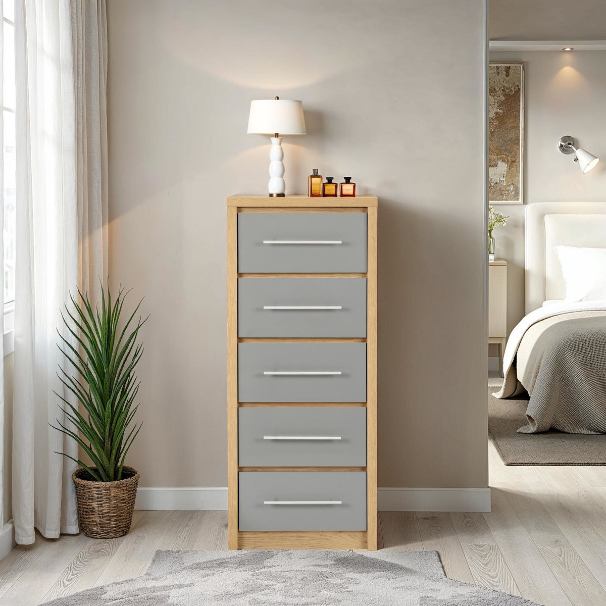Seville 5 Drawer Narrow Chest - Grey Gloss/Light Oak Effect Veneer image 1
