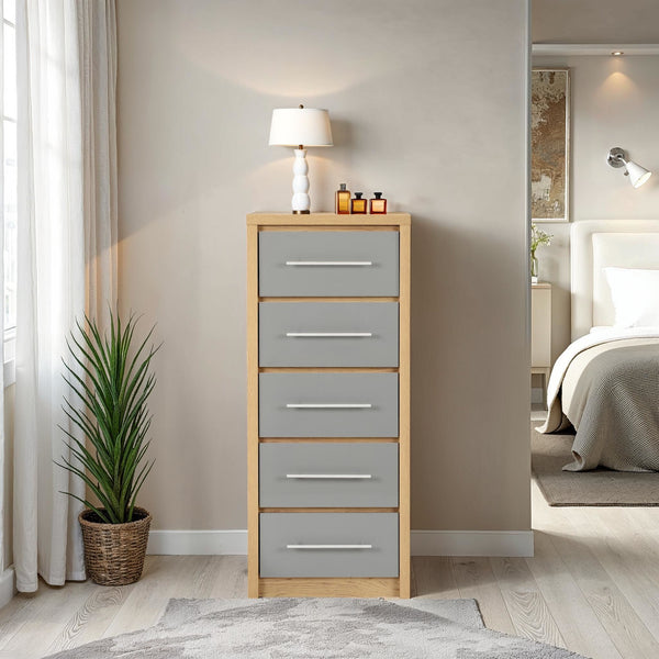 Seville 5 Drawer Narrow Chest - Grey Gloss/Light Oak Effect Veneer image 1