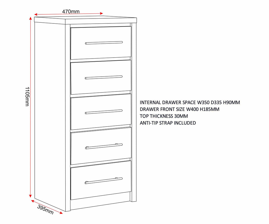 Seville 5 Drawer Narrow Chest - Grey Gloss/Light Oak Effect Veneer image 2