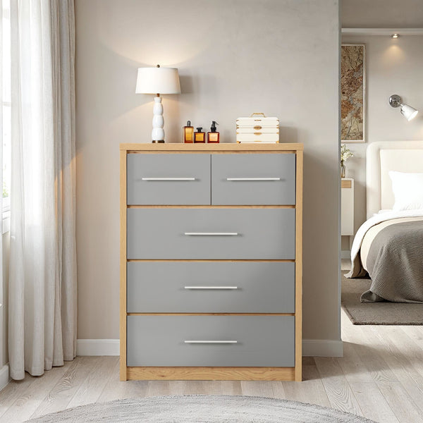 Seville 3+2 Drawer Chest - Grey Gloss/Light Oak Effect Veneer image 1