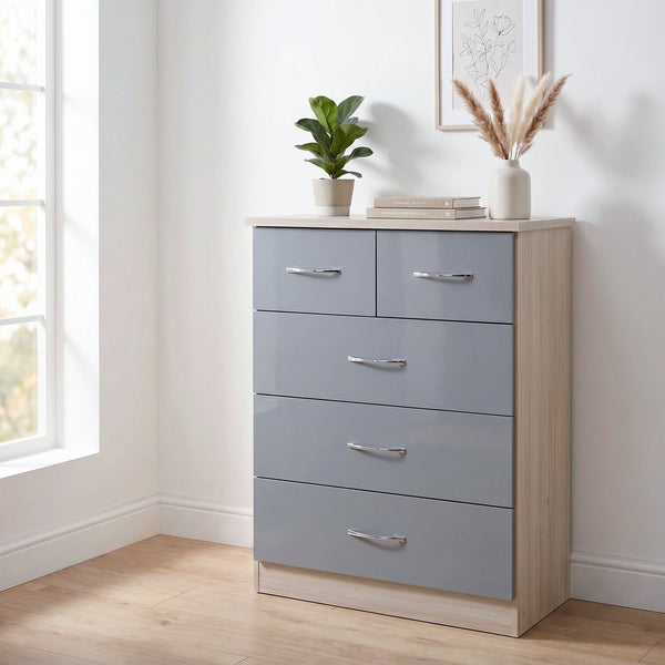 Nevada 3+2 Drawer Chest - Grey Gloss/Light Oak Effect Veneer image 1