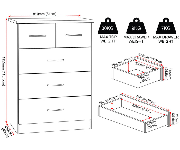 Nevada 3+2 Drawer Chest - White Gloss image 3