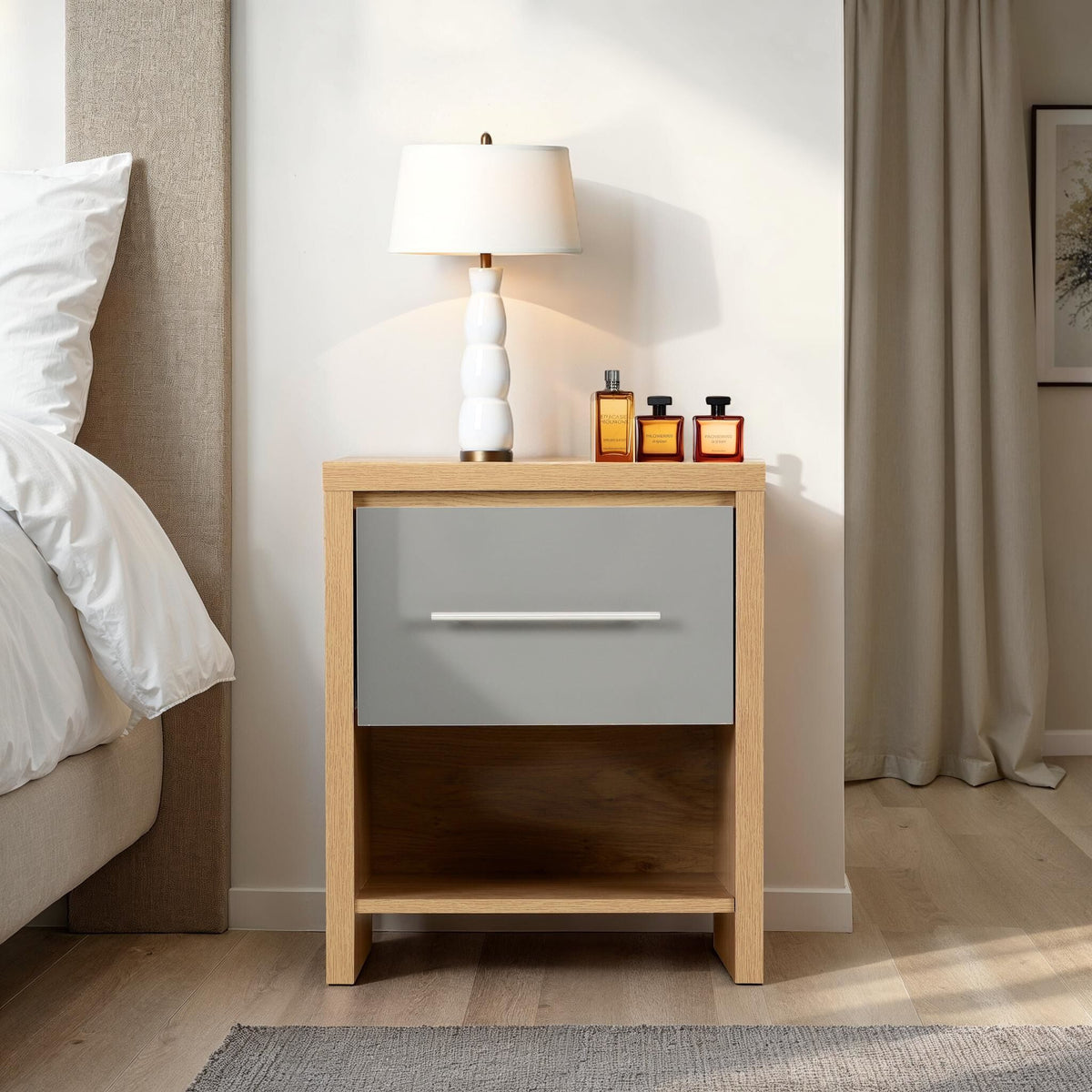 Seville 1 Drawer Bedside - Grey Gloss/Light Oak Effect Veneer image 1