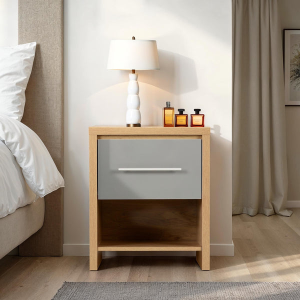 Seville 1 Drawer Bedside - Grey Gloss/Light Oak Effect Veneer image 1