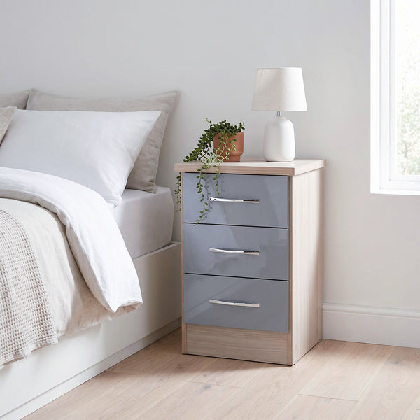 Nevada 3 Drawer Bedside - Grey Gloss/Light Oak Effect Veneer image 1