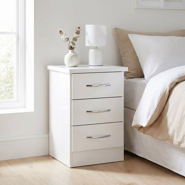 Nevada 3 Drawer Bedside - White Gloss image 1