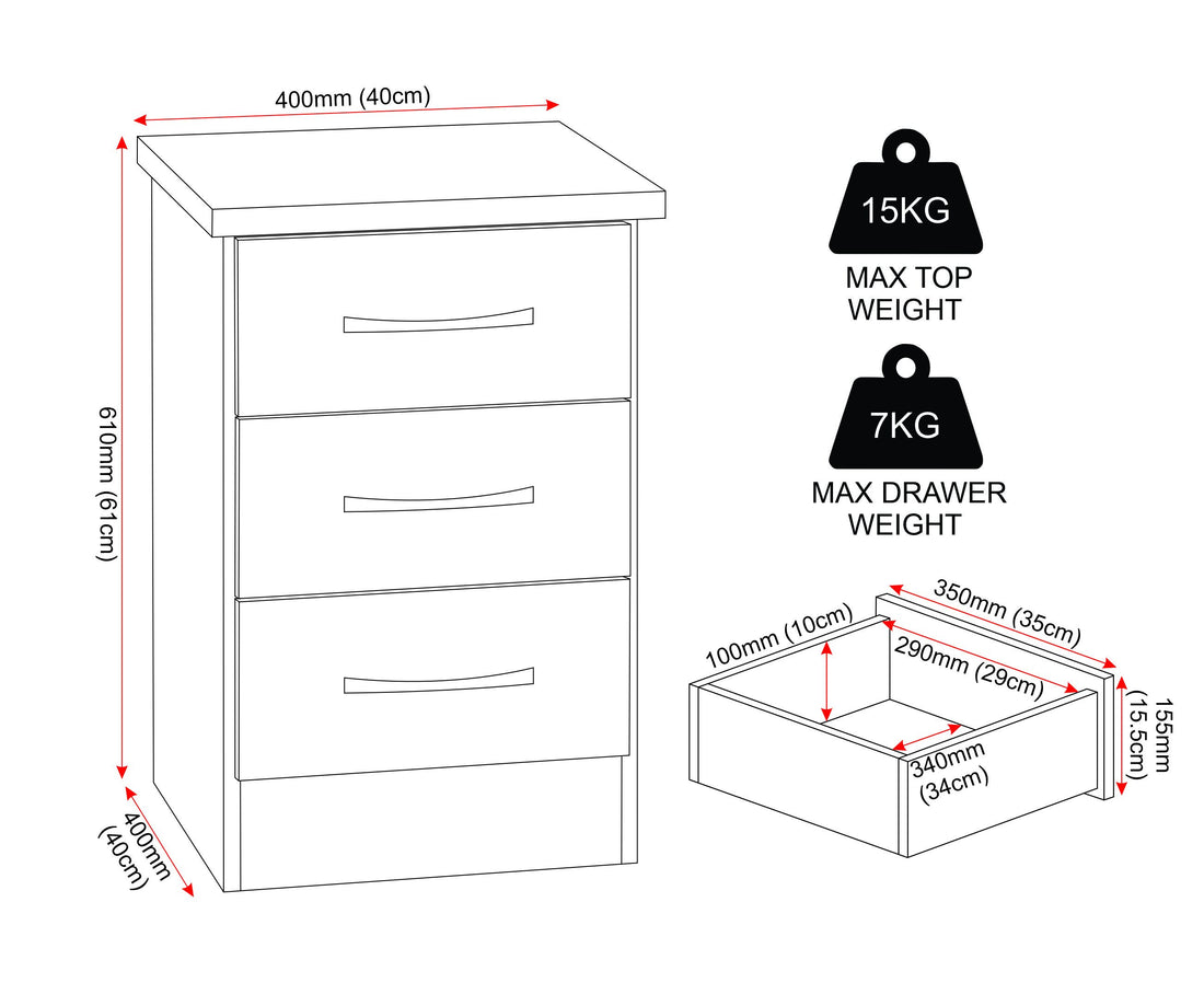 Nevada 3 Drawer Bedside - White Gloss image 2