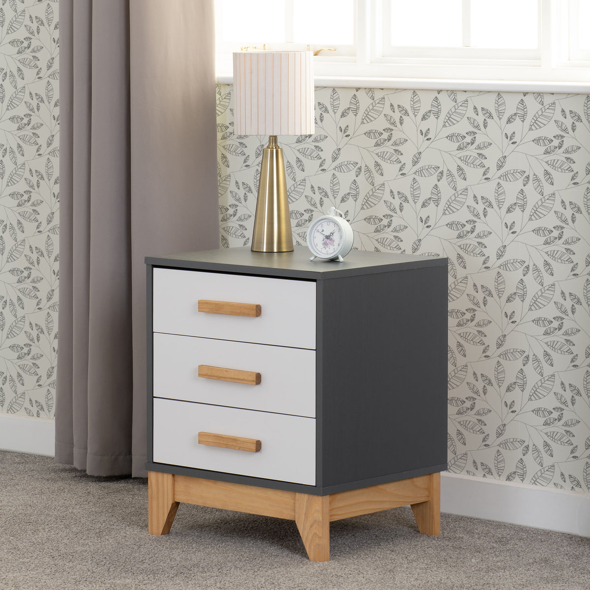 Cleveland 3 Drawer Bedside - White/Grey Metal Effect image 1