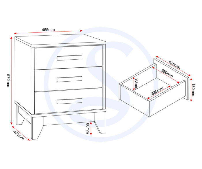 Cleveland 3 Drawer Bedside - White/Grey Metal Effect image 3