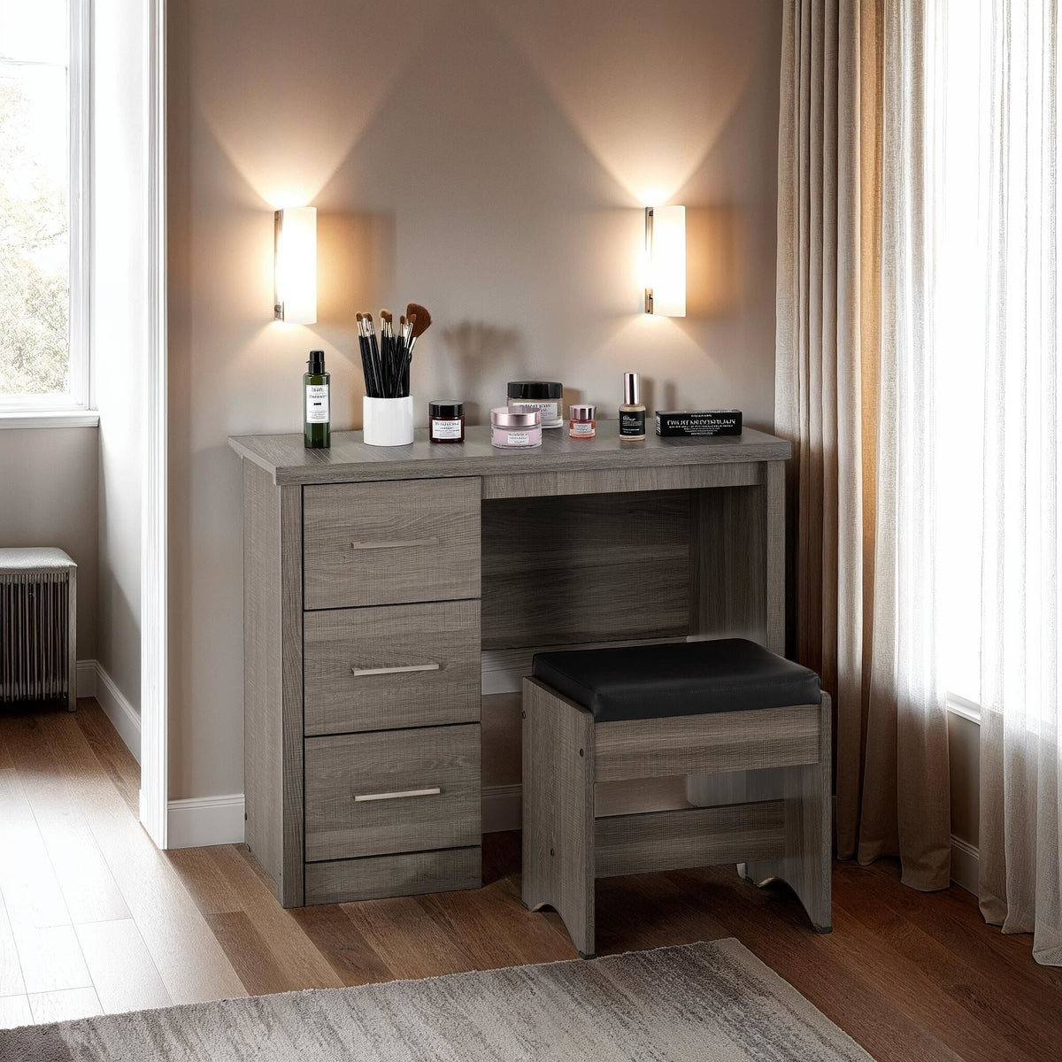 Lisbon 2Pc Dressing Table Set - Black Wood Grain/Black Faux Leather image 1