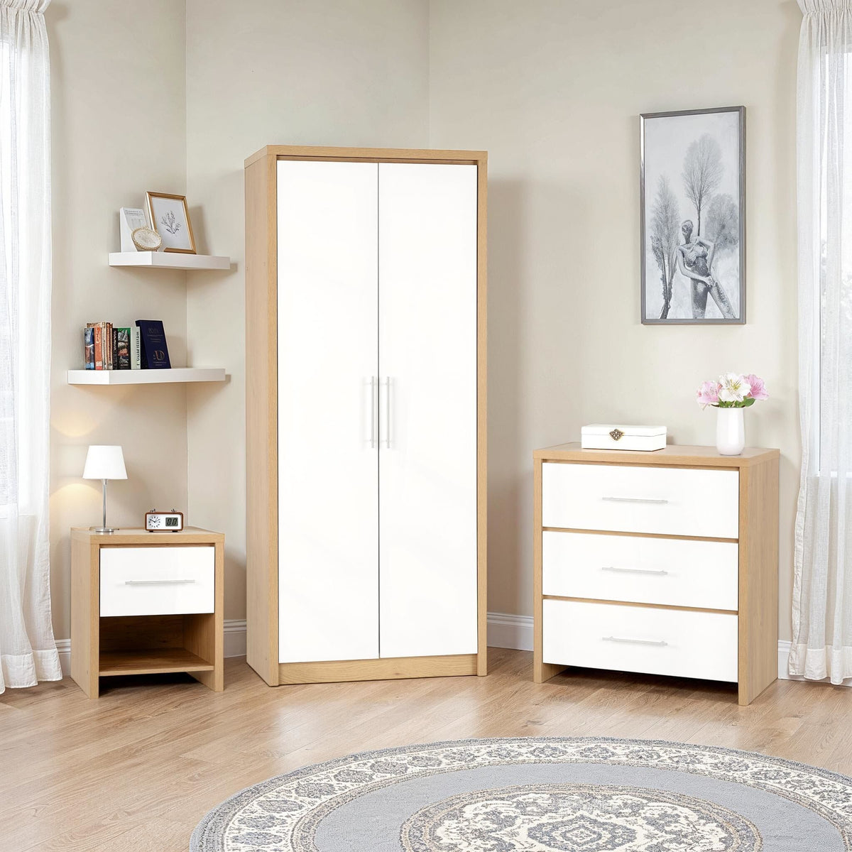 Seville Bedroom Set - White Gloss/Light Oak Effect Veneer image 1