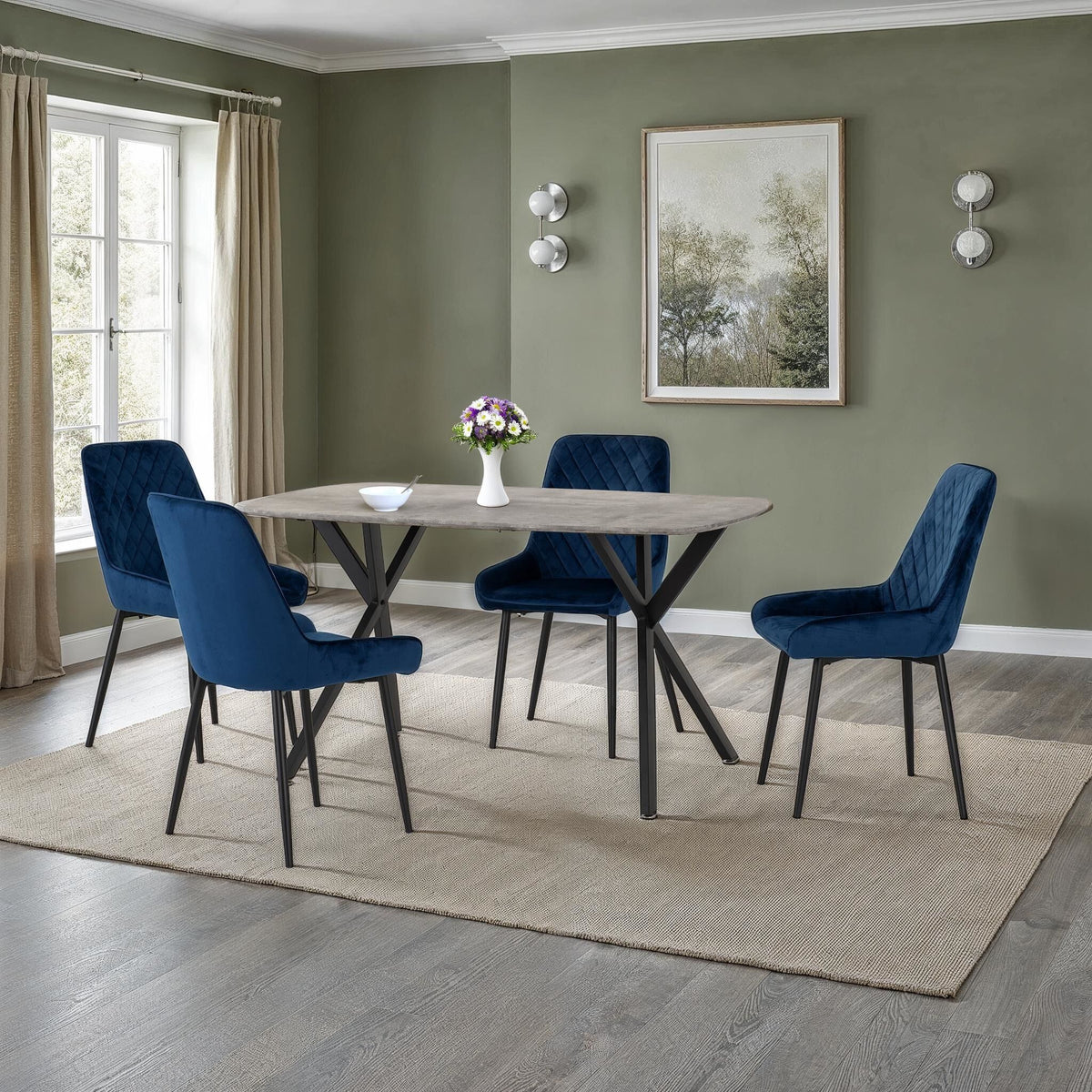 Athens Rect & Avery Dining Set (X4 Chairs) - Concrete/Sapphire Blue Velvet image 1