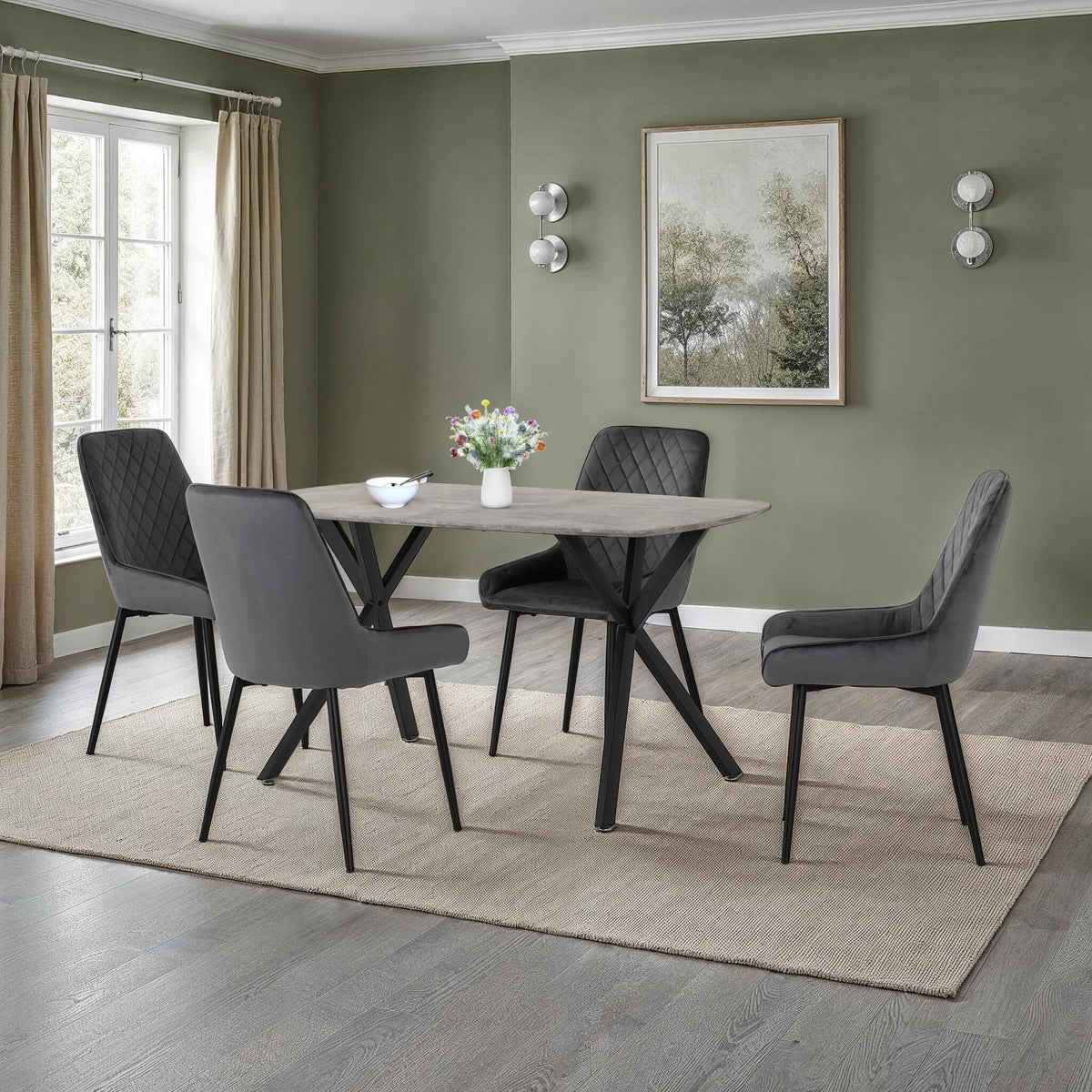 Athens Rect & Avery Dining Set (X4 Chairs) - Concrete/Grey Velvet image 1