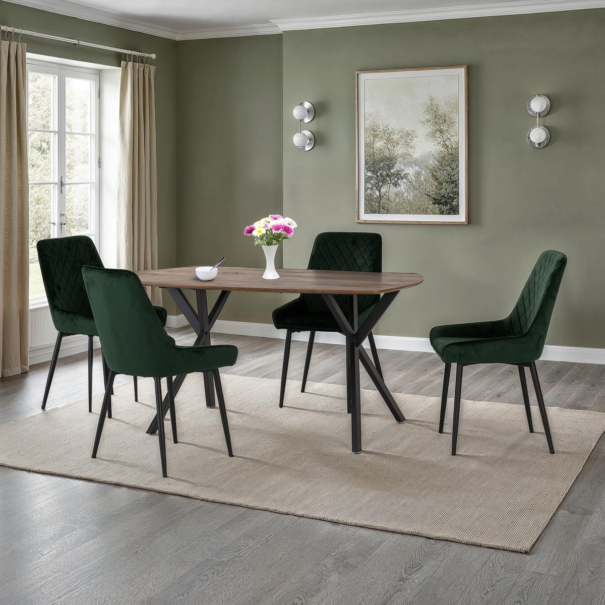 Athens Rect & Avery Dining Set (X4 Chairs) - Medium Oak Effect/Emerald Green Velvet image 1