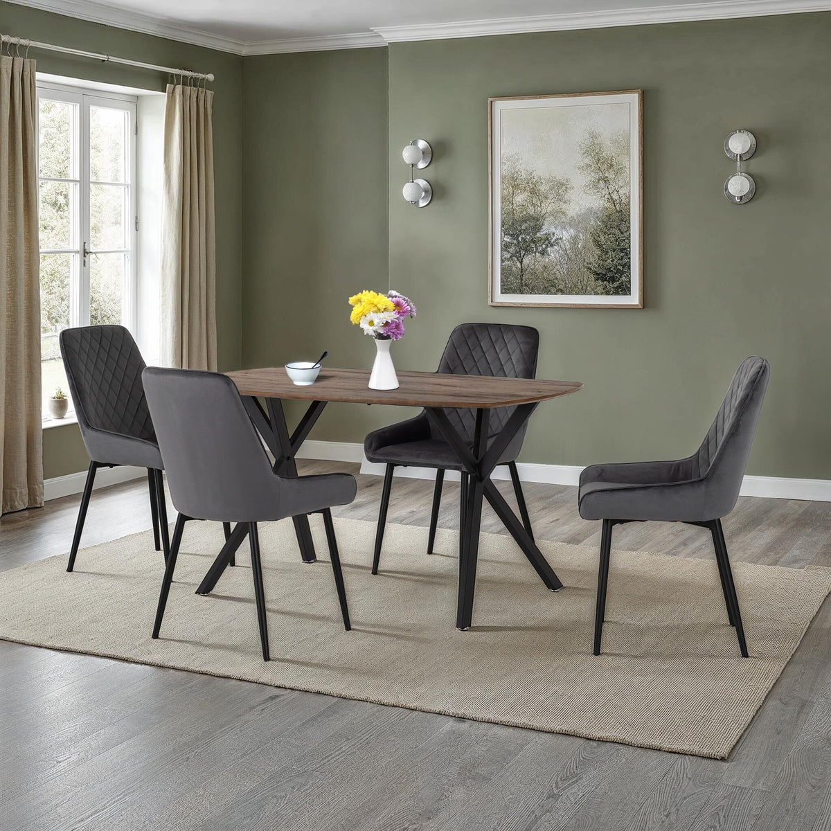 Athens Rect & Avery Dining Set (X4 Chairs) - Medium Oak Effect/Grey Velvet image 1
