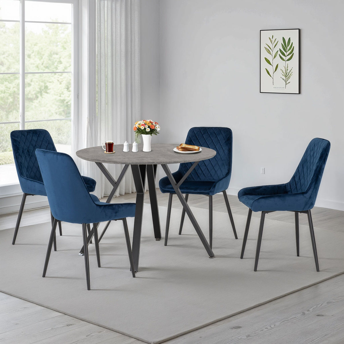 Athens Round & Avery Dining Set (X4 Chairs) - Concrete/Sapphire Blue Velvet image 1