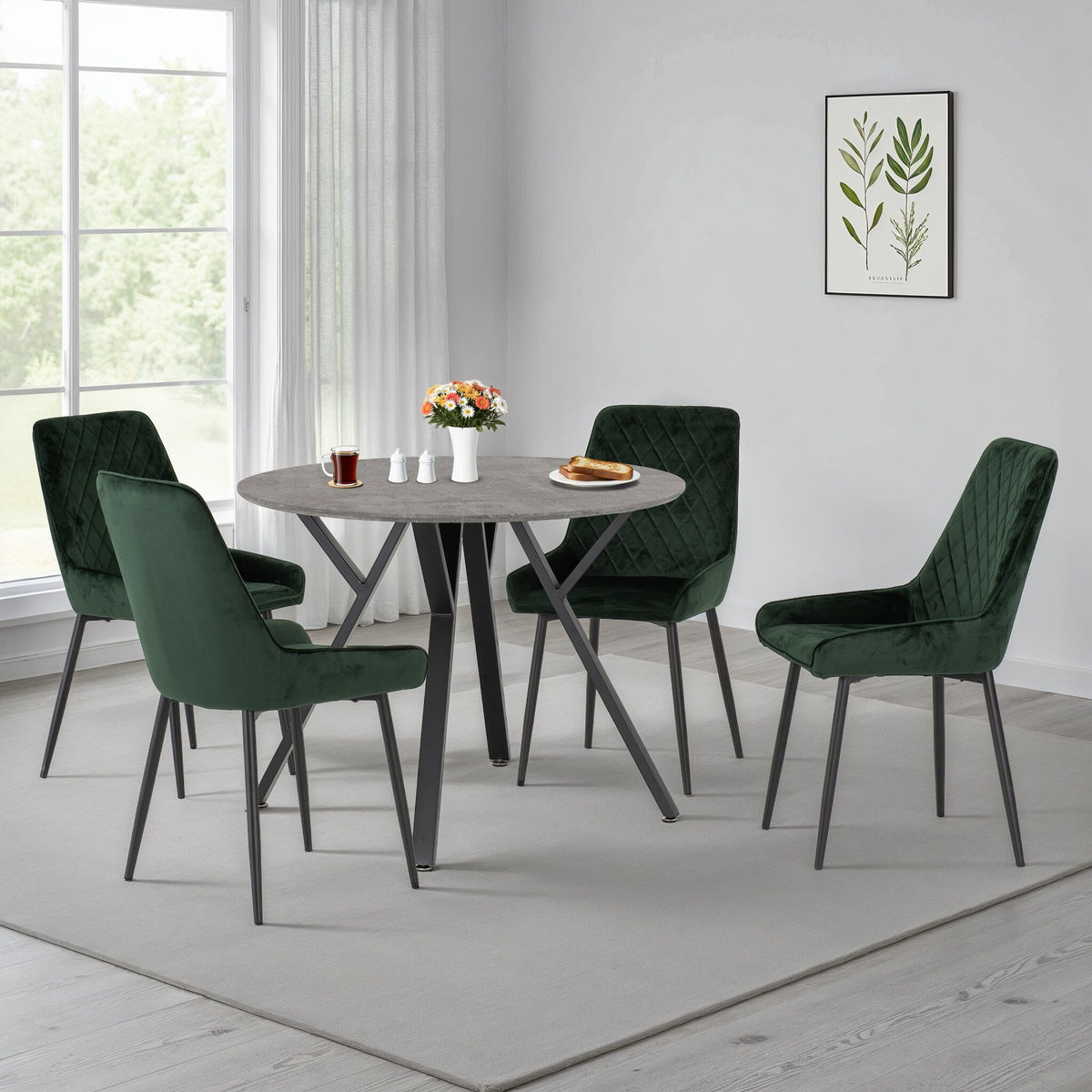 Athens Round & Avery Dining Set (X4 Chairs) - Concrete/Emerald Green Velvet image 1