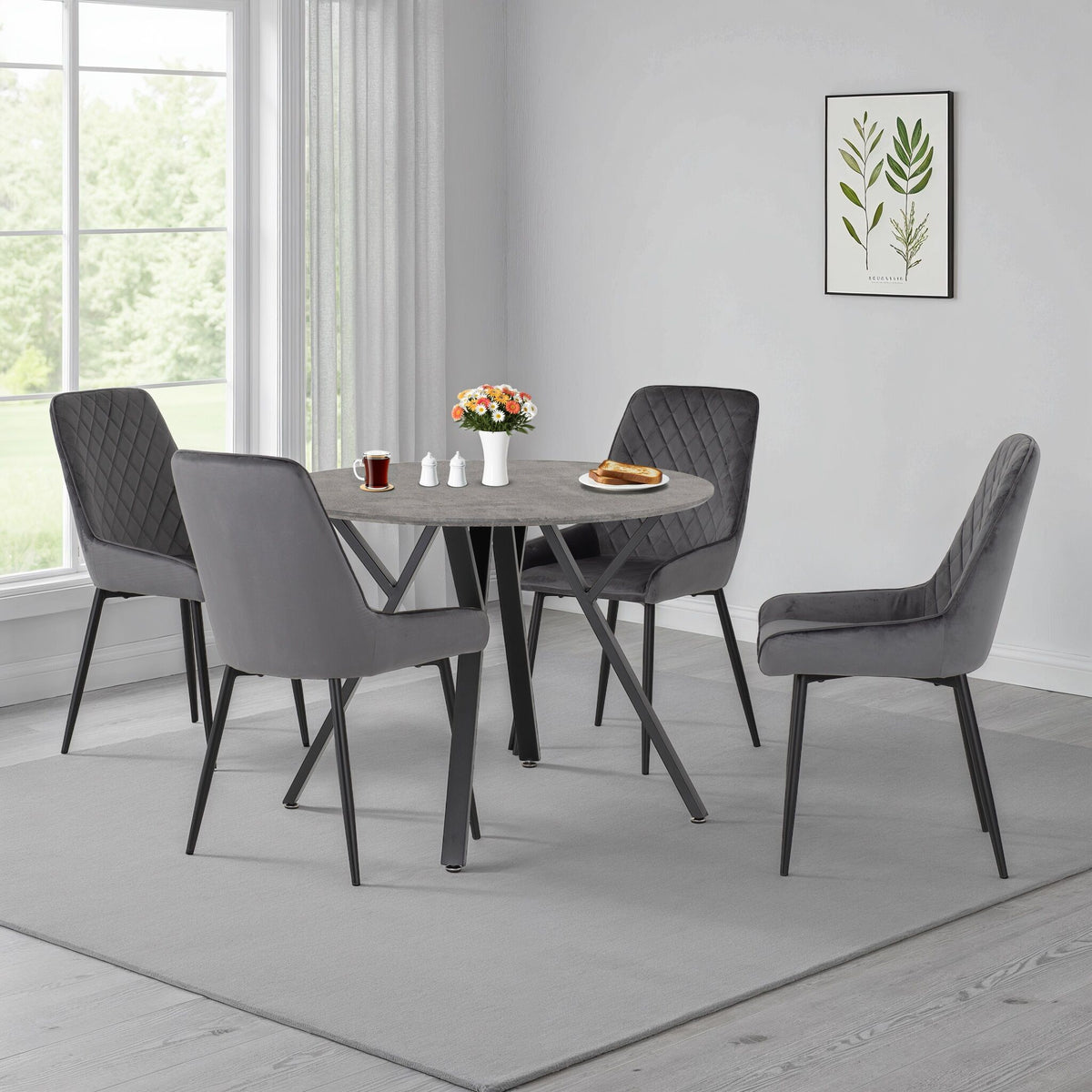 Athens Round & Avery Dining Set (X4 Chairs) - Concrete/Grey Velvet image 1